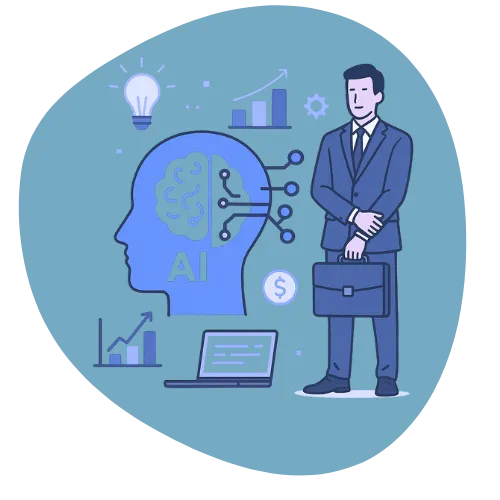 Illustration of a businessman standing next to AI-powered brain interface with charts, graphs, and laptop, symbolizing artificial intelligence in business and opportunity growth